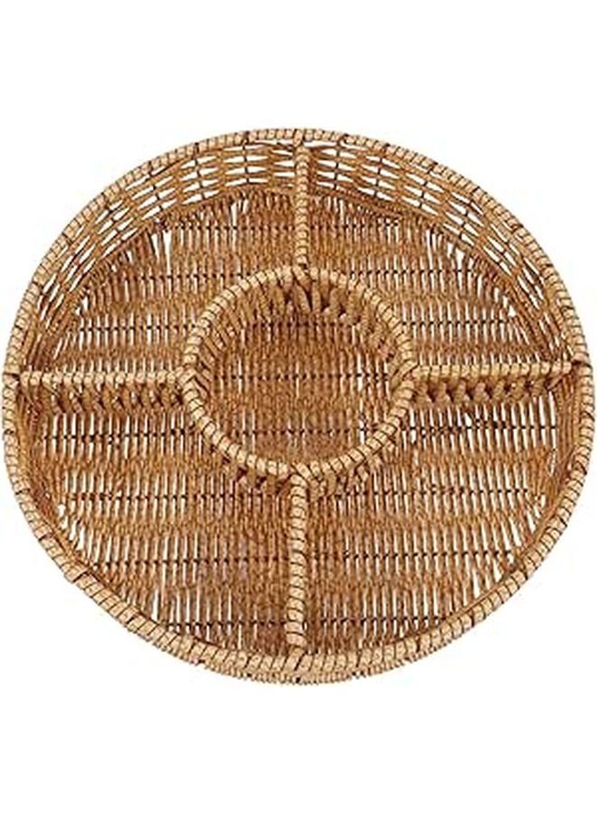 Natural Rattan Round Serving Tray with Compartments Lightweight for Fruit Snacks Dining Entertaining - Image 1