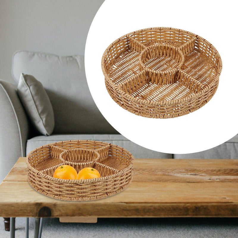 Natural Rattan Round Serving Tray with Compartments Lightweight for Fruit Snacks Dining Entertaining - Image 3