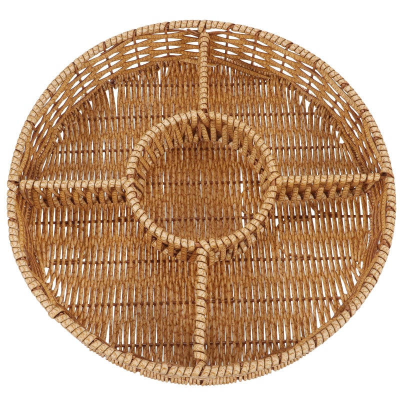 Natural Rattan Round Serving Tray with Compartments Lightweight for Fruit Snacks Dining Entertaining - Image 2