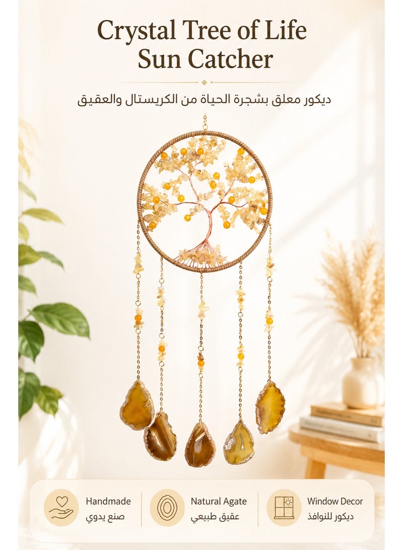 ديكور معلق بشجرة الحياة من الكريستال والعقيق، صائد شمس يدوي بتصميم شجرة الحياة مع شرائح عقيق طبيعية، زينة نافذة وجدار لغرفة النوم وغرفة المعيشة والشرفة، 63 سم - Image 1