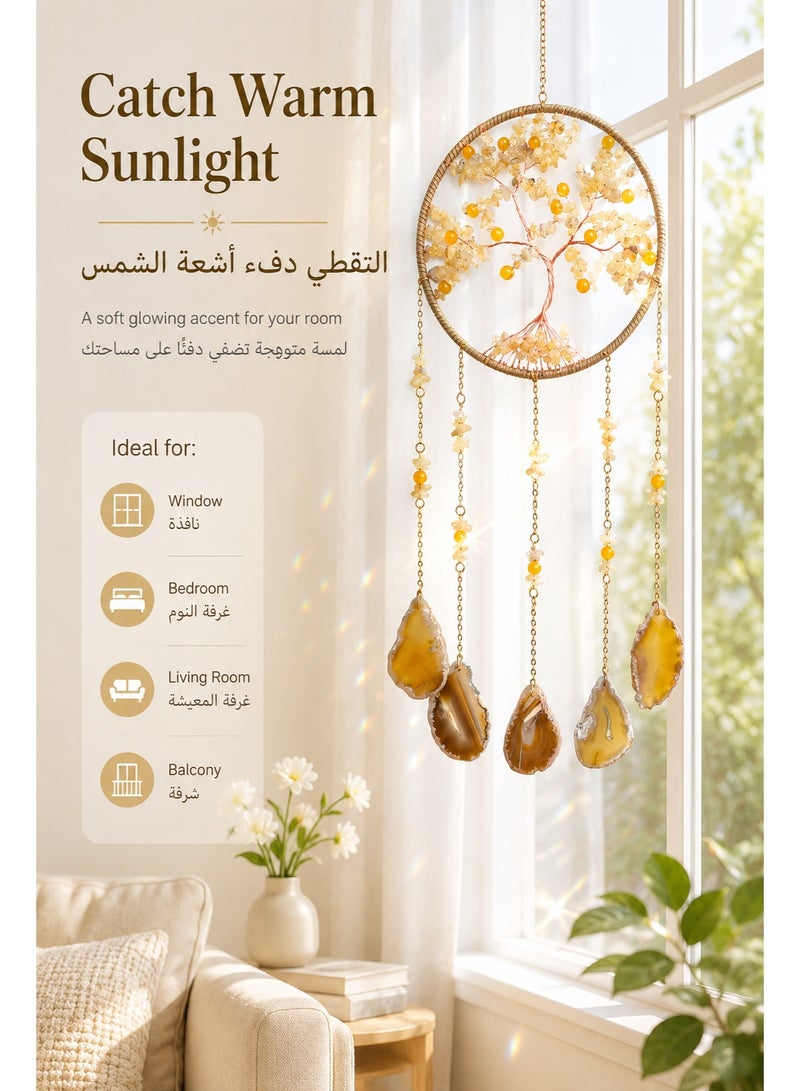 ديكور معلق بشجرة الحياة من الكريستال والعقيق، صائد شمس يدوي بتصميم شجرة الحياة مع شرائح عقيق طبيعية، زينة نافذة وجدار لغرفة النوم وغرفة المعيشة والشرفة، 63 سم - Image 4