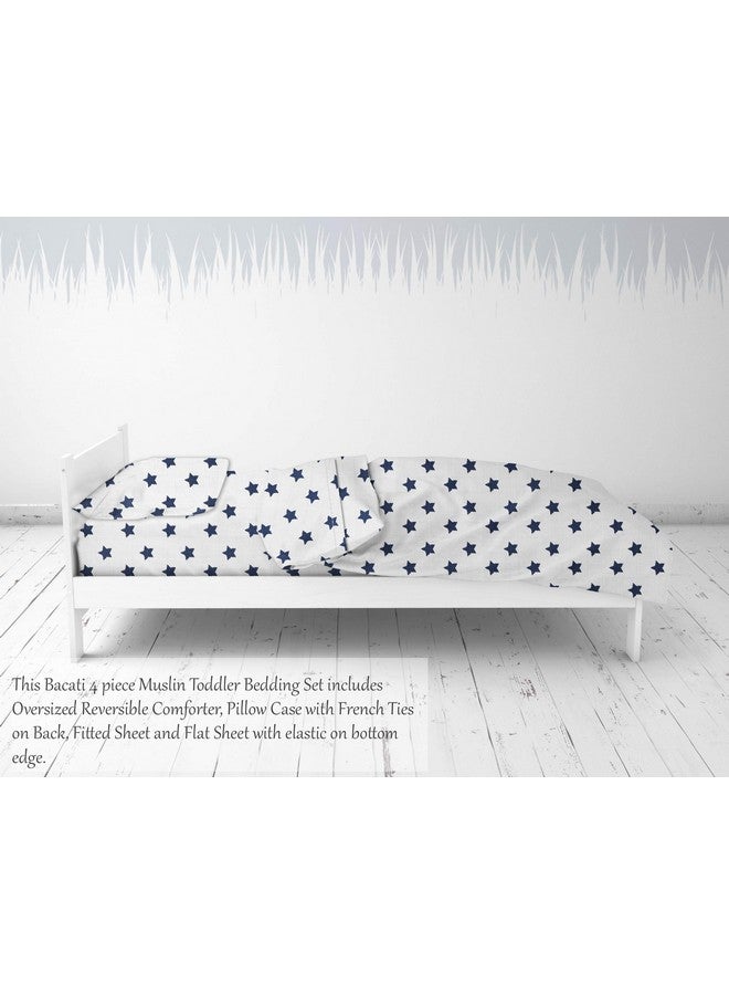 Bacati Muslin Ikat Stars 4 Piece Boys Toddler Bedding Set 100 Percent Cotton Includes Reversible Comforter Fitted Sheet Top Sheet And Pillow Case (4 Pc Toddler Bedding Set Navy Stars) - Image 3