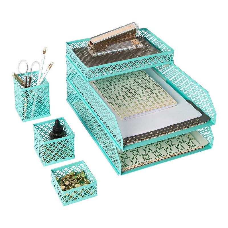 BLU MONACO Aqua Desk Organizer Set for Women 6Piece Interlocking Office Supplies Set Pen Cup 3 Accessory Trays 2 Letter Trays Rose Gold Paper Tray Holder
