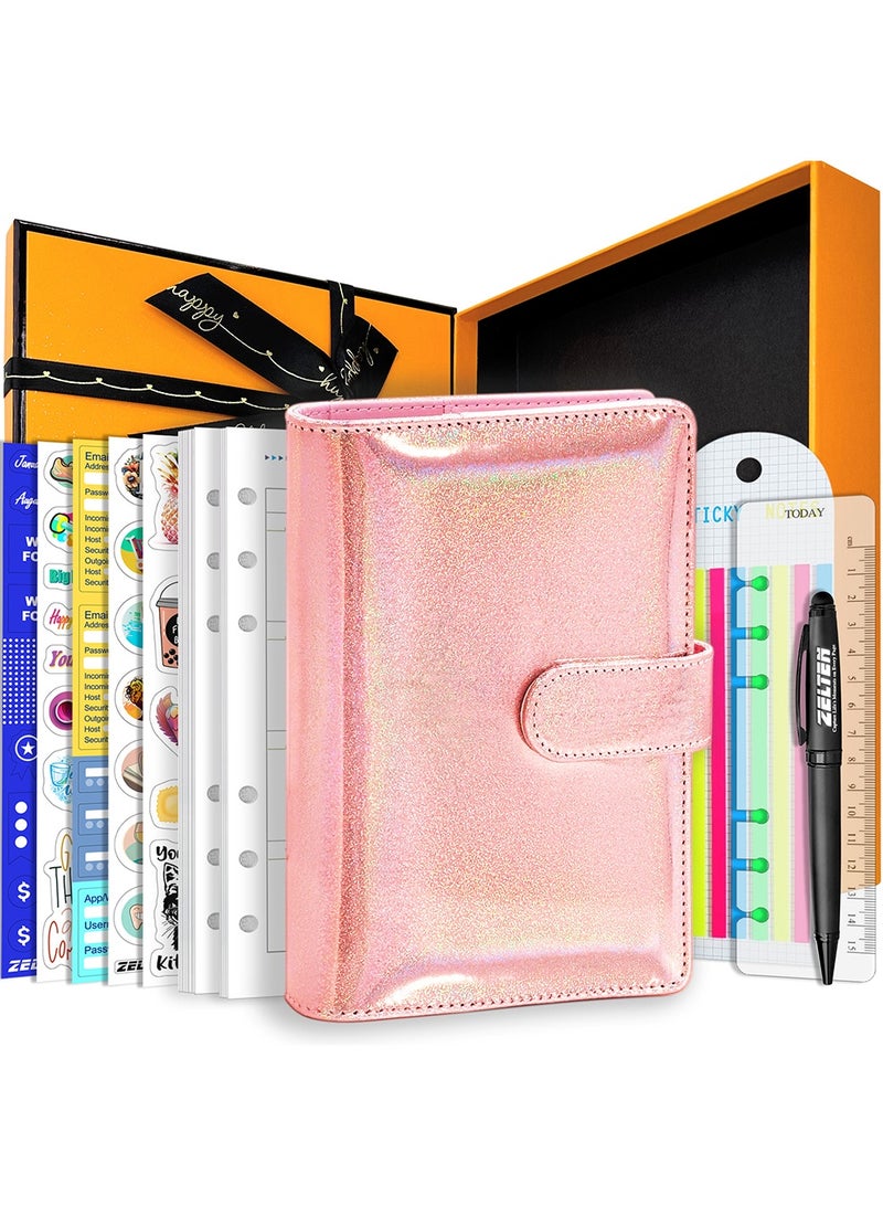 PU Leather Personal Notebook Planner with 67 Pages Loose-Leaf Papers 6 Holes Ring Binder Pen Holder Magnetic Buckle  (Pink Glitter)