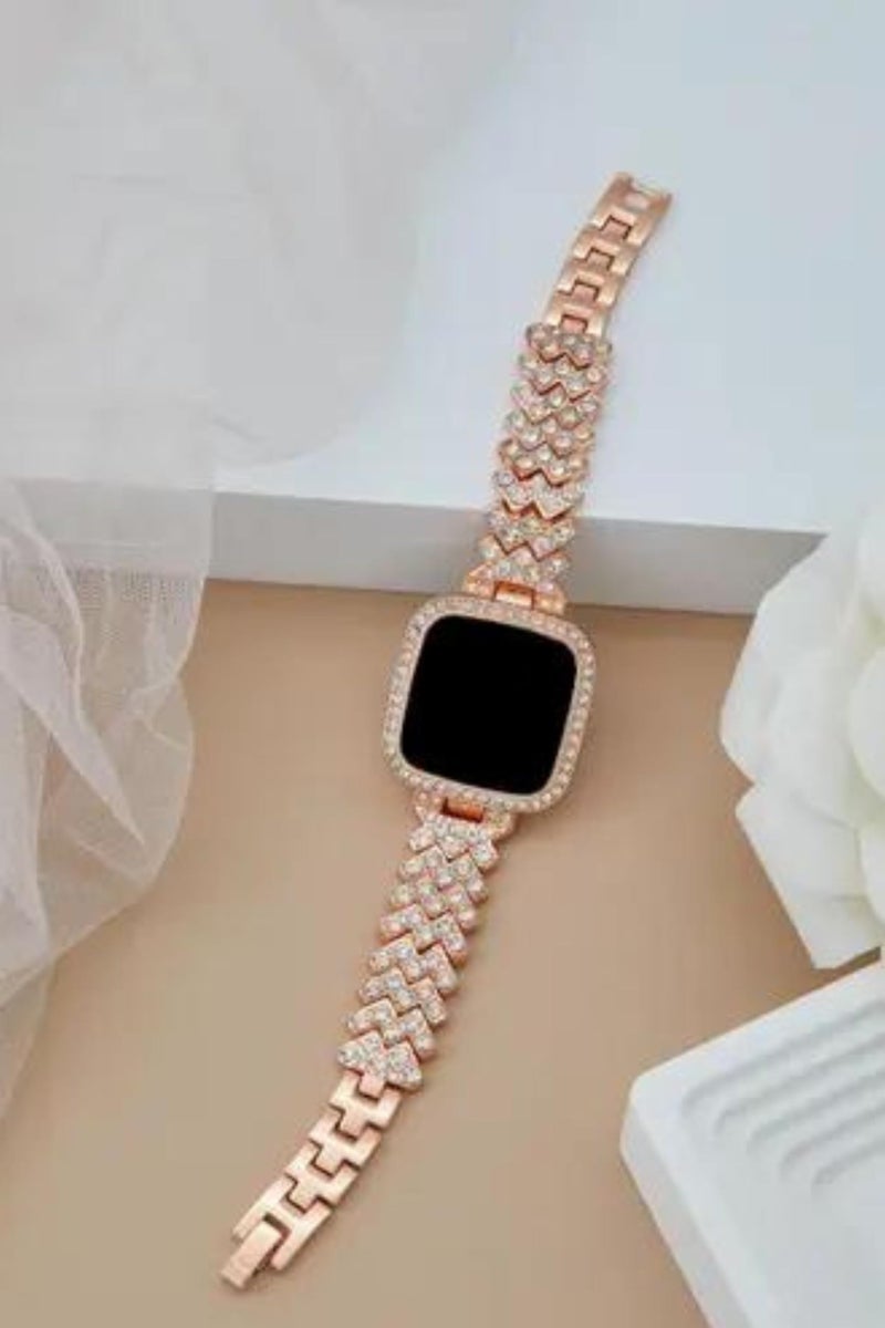 SWADESI STUFF Metal Rose Gold LED Digital Watch with Rhinestone Bracelet for Stylish Girls & Women - Square Gold Watch Face, Black Dial, Peach Band - Image 3