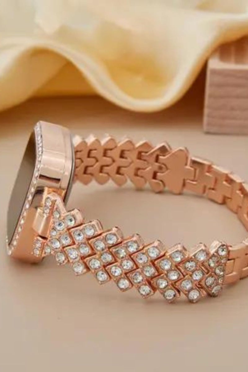 SWADESI STUFF Metal Rose Gold LED Digital Watch with Rhinestone Bracelet for Stylish Girls & Women - Square Gold Watch Face, Black Dial, Peach Band - Image 4