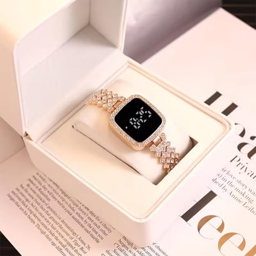 SWADESI STUFF Metal Rose Gold LED Digital Watch with Rhinestone Bracelet for Stylish Girls & Women - Square Gold Watch Face, Black Dial, Peach Band - Image 2