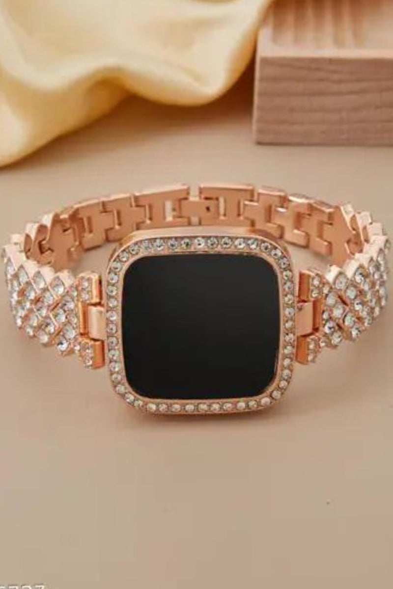 SWADESI STUFF Metal Rose Gold LED Digital Watch with Rhinestone Bracelet for Stylish Girls & Women - Square Gold Watch Face, Black Dial, Peach Band - Image 5