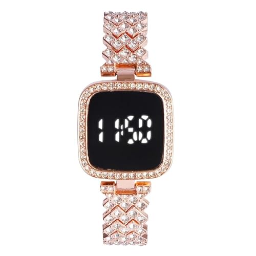 SWADESI STUFF Metal Rose Gold LED Digital Watch with Rhinestone Bracelet for Stylish Girls & Women - Square Gold Watch Face, Black Dial, Peach Band - Image 1