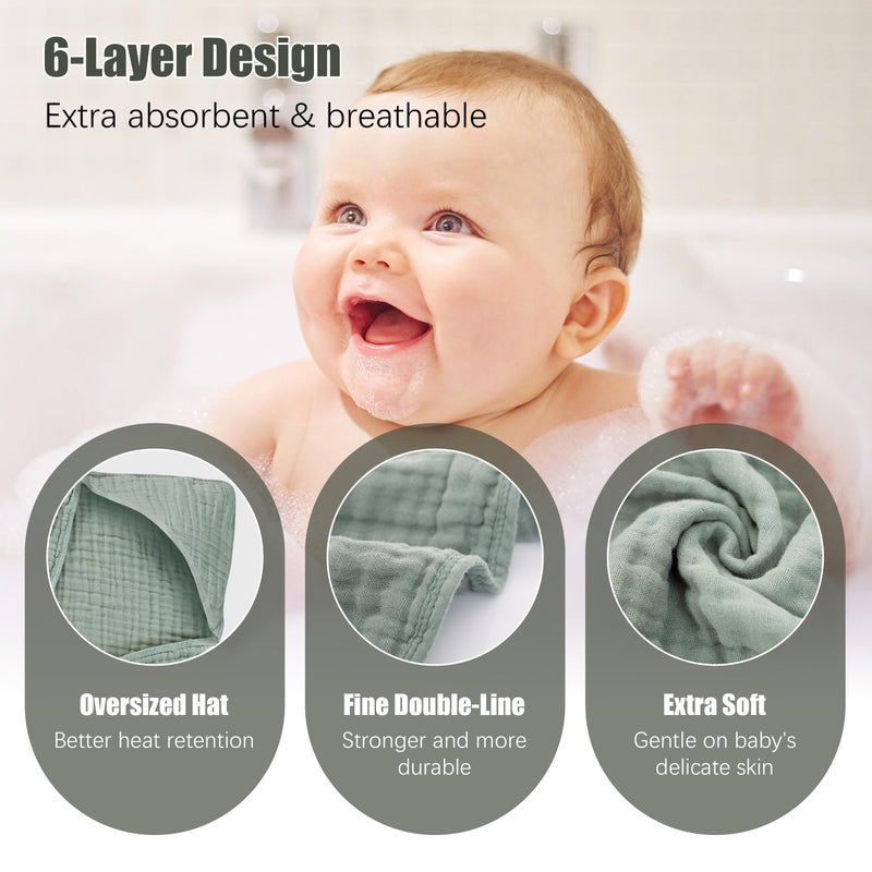 Spotted Play 2 Pack Hooded Baby Towels - 100% Muslin Cotton for Newborns, Infants, Toddlers - Large 32x32Inch Size - Highly Absorbent and Essential for Newborn Care, Green and Grey - Image 5