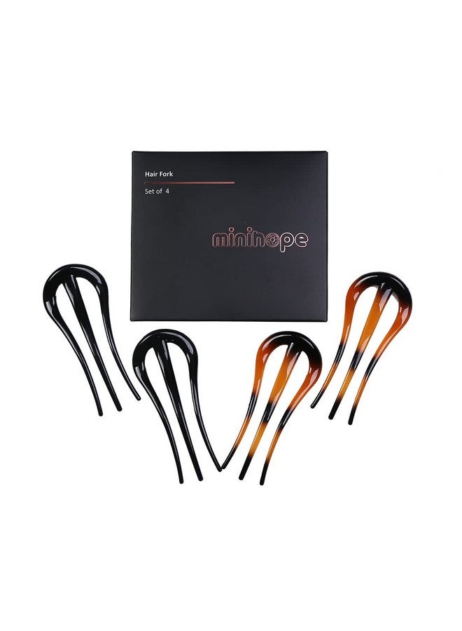 minihope French Hair Forks Tortoise Shell W Shape Updo Hair Pins Clips For Thin Thick Hair, 3.5 Inch Classic 3 Prong Bun Hair Sticks Chignon Women Vintage Hairstyle Accessories, 4 Count.