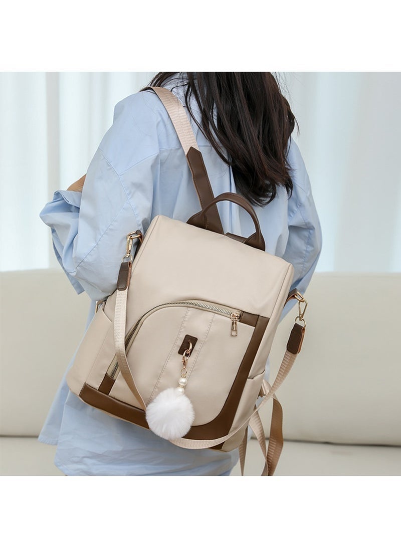 عربست حقيبة ظهر نسائية أنيقة بسيطة مع كرات صوفية، حقيبة سفر عادية، حقيبة ظهر من النايلون للنساء، حقيبة كتف، حقيبة ظهر قابلة للتحويل مضادة للسرقة ومقاومة للماء (بيج) - Image 2
