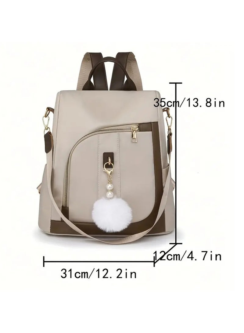 عربست حقيبة ظهر نسائية أنيقة بسيطة مع كرات صوفية، حقيبة سفر عادية، حقيبة ظهر من النايلون للنساء، حقيبة كتف، حقيبة ظهر قابلة للتحويل مضادة للسرقة ومقاومة للماء (بيج) - Image 3