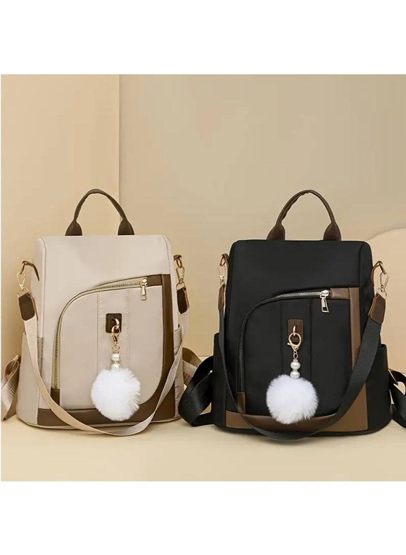 عربست حقيبة ظهر نسائية أنيقة بسيطة مع كرات صوفية، حقيبة سفر عادية، حقيبة ظهر من النايلون للنساء، حقيبة كتف، حقيبة ظهر قابلة للتحويل مضادة للسرقة ومقاومة للماء (بيج) - Image 4