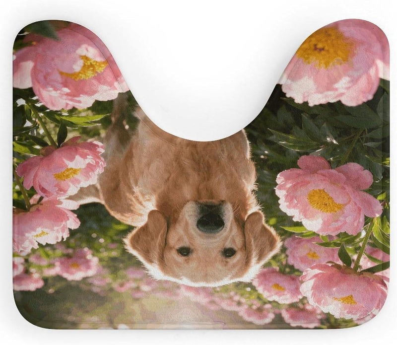 U-Shaped Bathroom Rug 20"x16" - Golden Retriever & Daisy Soft Coral Fleece Toilet Mat - Super Absorbent & Non-Slip Contour Bath Mat - Washable Toilet Base Rug for Bathroom - Image 1