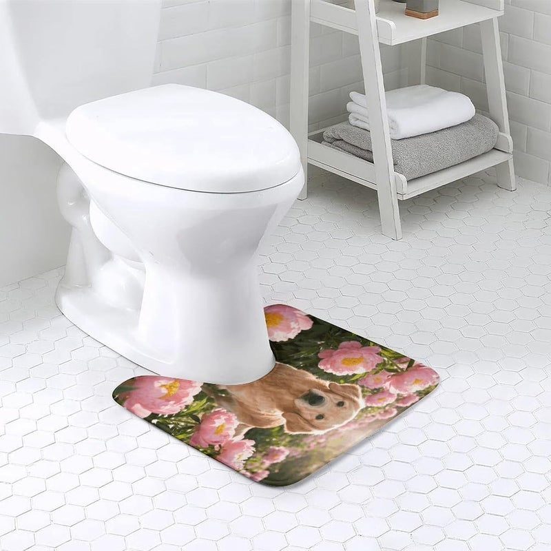 U-Shaped Bathroom Rug 20"x16" - Golden Retriever & Daisy Soft Coral Fleece Toilet Mat - Super Absorbent & Non-Slip Contour Bath Mat - Washable Toilet Base Rug for Bathroom - Image 2
