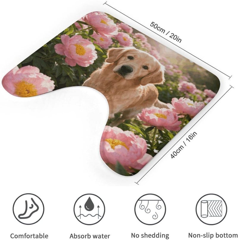 U-Shaped Bathroom Rug 20"x16" - Golden Retriever & Daisy Soft Coral Fleece Toilet Mat - Super Absorbent & Non-Slip Contour Bath Mat - Washable Toilet Base Rug for Bathroom - Image 3