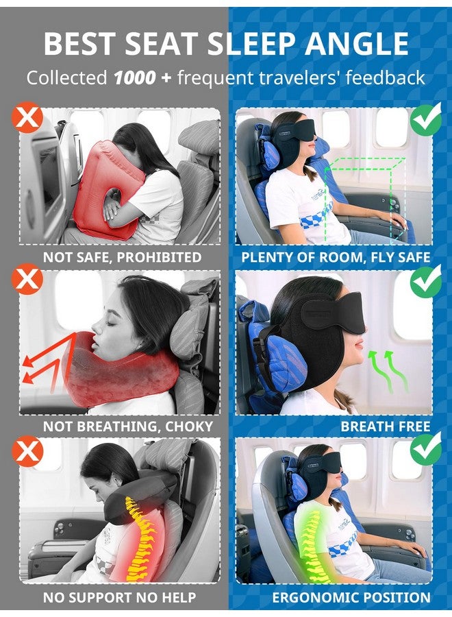 SARISUN SARISUN Upgraded Travel Pillow, U-Shaped Airplane Head Strap for All Heights, 360° Support, 3D Sleep Mask, 100% Light Blocking, Long Flights Essentials Headrest, Stop Bobblehead, Black - Image 2