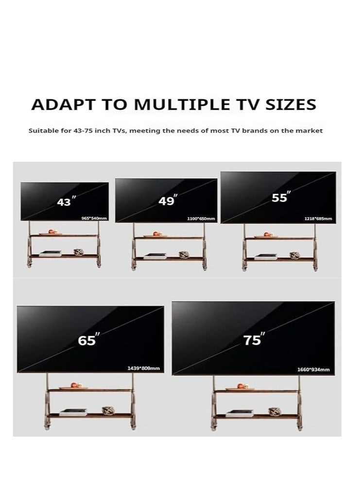 كول بيبي حامل تلفزيون متنقل بعجلات، عربة تلفزيون متدحرجة قابلة للتعديل الارتفاع للشاشات مقاس 43-75 بوصة، إطار من الفولاذ المقاوم للصدأ مع أرفف خشبية، إدارة الكابلات، حامل أرضي محمول للمنزل والمكتب - Image 2