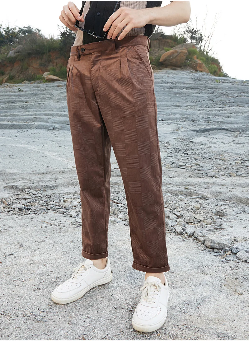 Campus Sutra Men's Sepia Brown Ribbed-Tactile Tailored Trousers