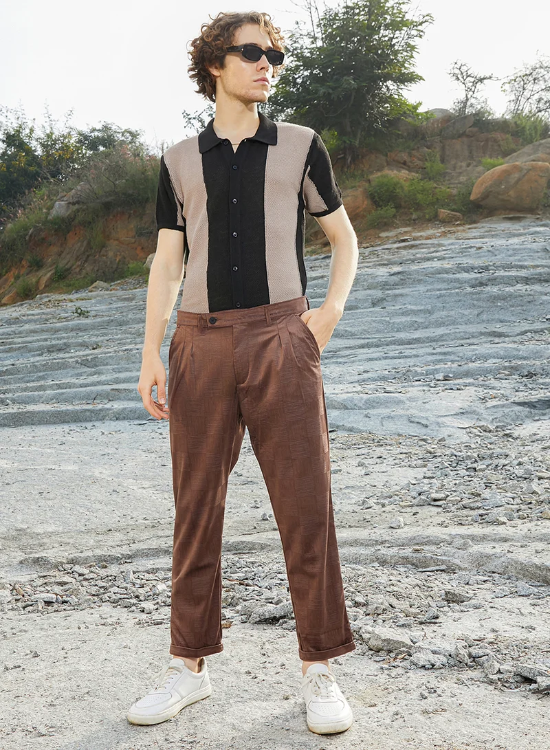 كامبوس سوترا Men's Sepia Brown Ribbed-Tactile Tailored Trousers