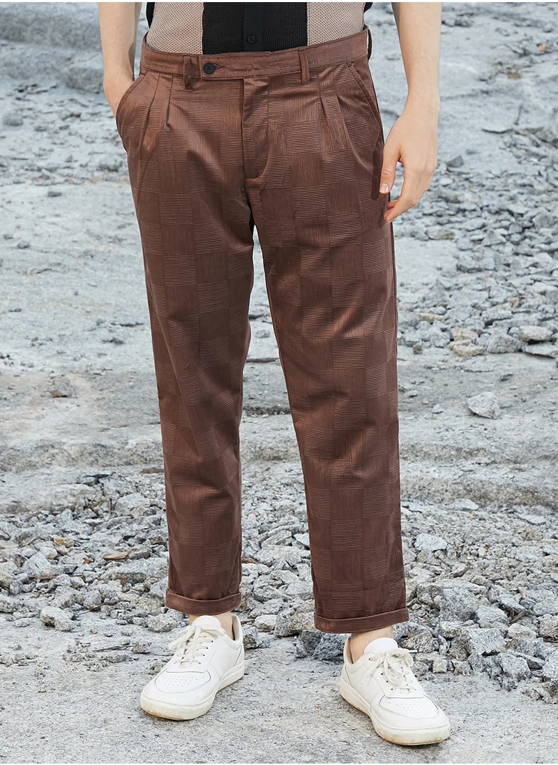 Campus Sutra Men's Sepia Brown Ribbed-Tactile Tailored Trousers
