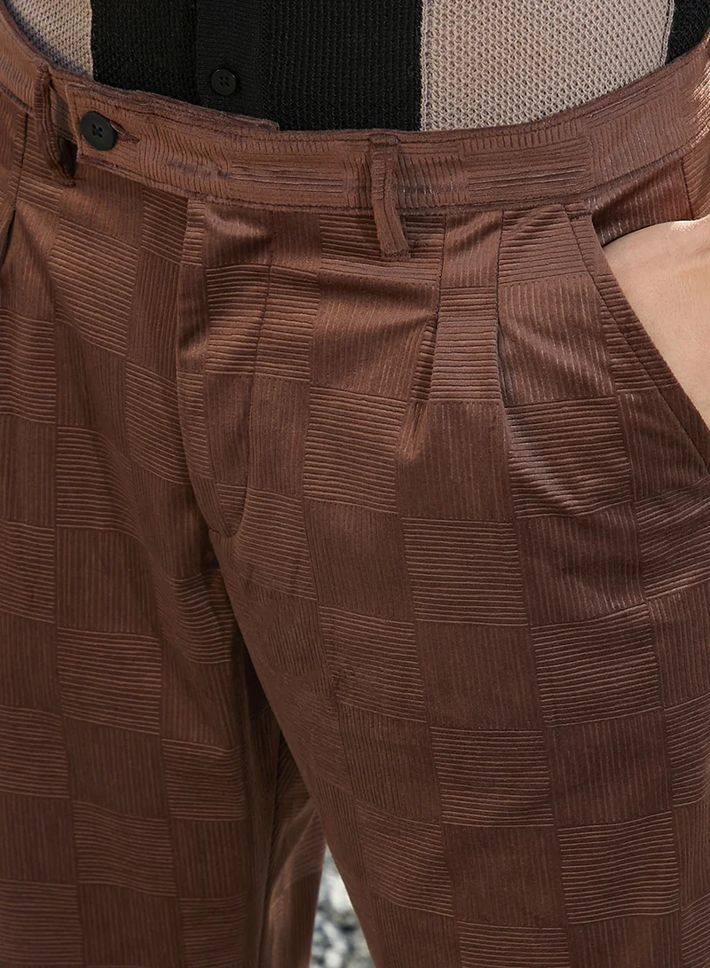 كامبوس سوترا Men's Sepia Brown Ribbed-Tactile Tailored Trousers