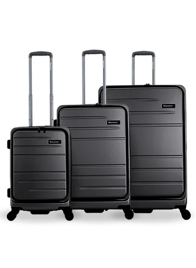 Discovery Discovery Patrol Hardside Travel Suitcase Set, 100% PC Durable Ultra Lightweight Hard Case Expandable Luggage, 4 Double Wheel, TSA Lock 3pcs Trolley Bag Anthracite Black (20+24+28 Inch).