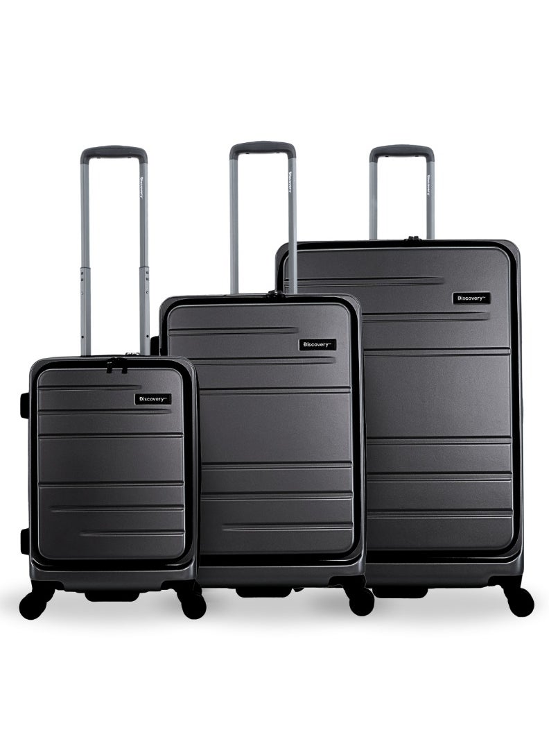 Discovery Discovery Patrol Hardside Travel Suitcase Set, 100% PC Durable Ultra Lightweight Hard Case Expandable Luggage, 4 Double Wheel, TSA Lock 3pcs Trolley Bag Anthracite Black (20+24+28 Inch).  - Image 1