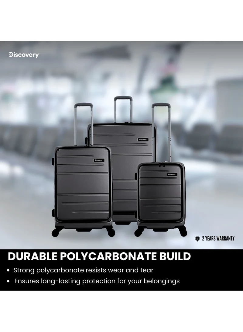 Discovery Discovery Patrol Hardside Travel Suitcase Set, 100% PC Durable Ultra Lightweight Hard Case Expandable Luggage, 4 Double Wheel, TSA Lock 3pcs Trolley Bag Anthracite Black (20+24+28 Inch).
