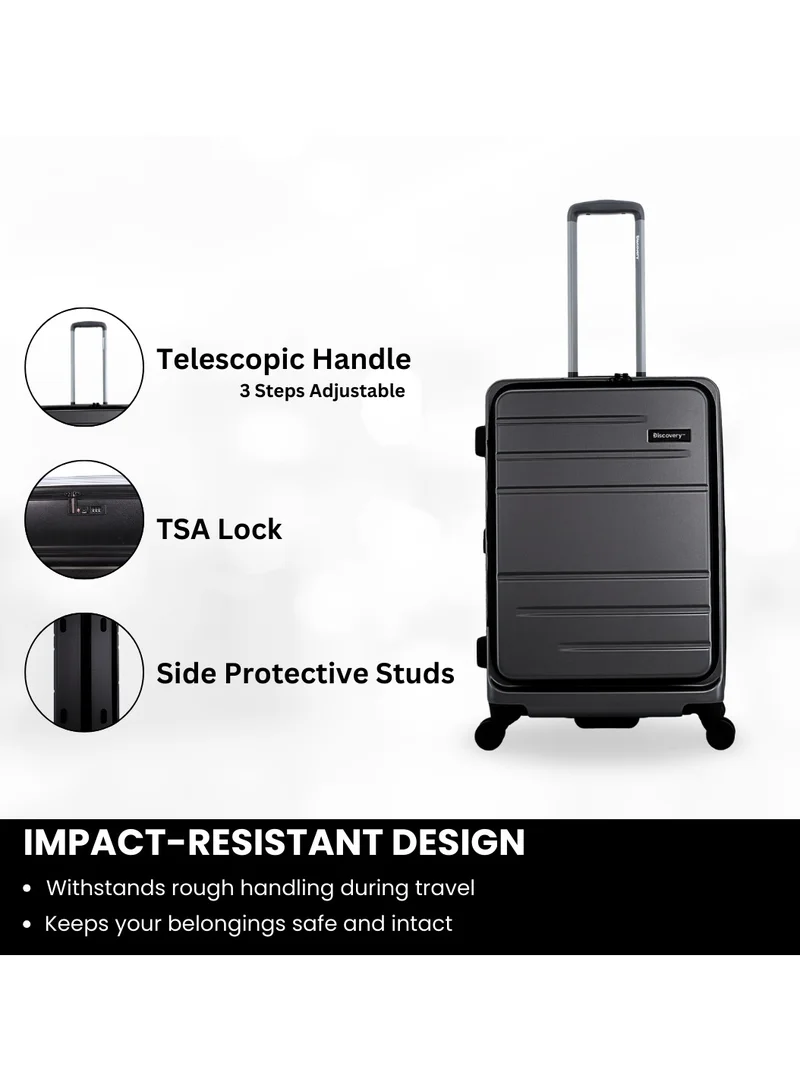 Discovery Discovery Patrol Hardside Travel Suitcase Set, 100% PC Durable Ultra Lightweight Hard Case Expandable Luggage, 4 Double Wheel, TSA Lock 3pcs Trolley Bag Anthracite Black (20+24+28 Inch).