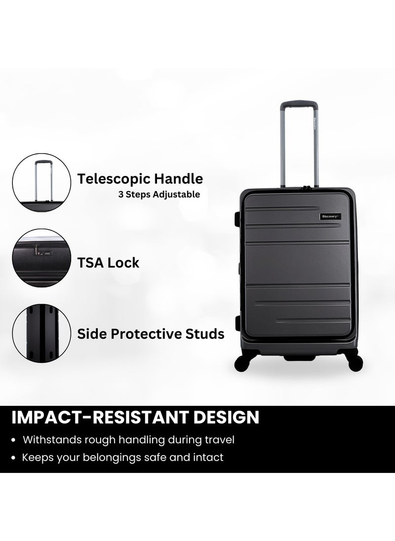 Discovery Discovery Patrol Hardside Travel Suitcase Set, 100% PC Durable Ultra Lightweight Hard Case Expandable Luggage, 4 Double Wheel, TSA Lock 3pcs Trolley Bag Anthracite Black (20+24+28 Inch).  - Image 4