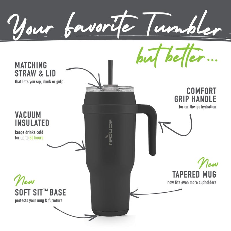 REDUCE 50 oz Stainless Steel Tumbler with Handle - Dual-Wall Vacuum Insulated Travel Mug  Sweat-Proof Lid & Reusable Straw - Keeps Drinks Cold for 24 Hrs  Fits Cupholders  Dishwasher Safe - Black - Image 4