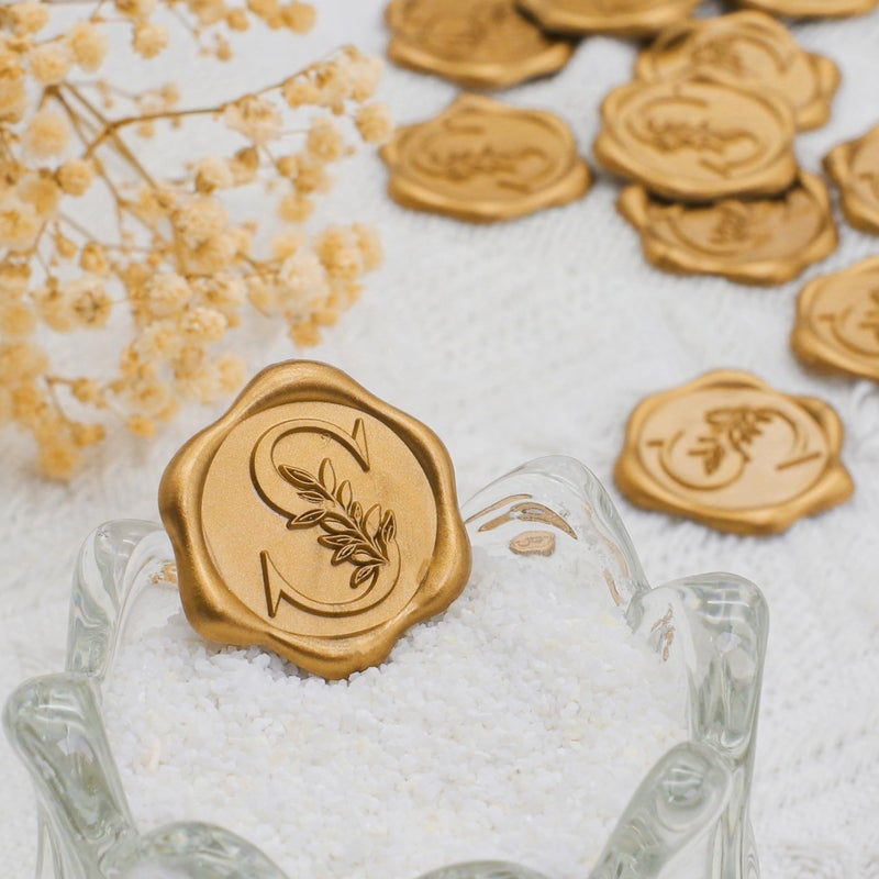 SWANGSA 100 Pack Letter S Wax Seal Stickers - Antique Gold Botanical Leaves Initial Alphabet Self-Adhesive Wax Stickers for Wedding Party Invitation Envelope Seals - Image 3