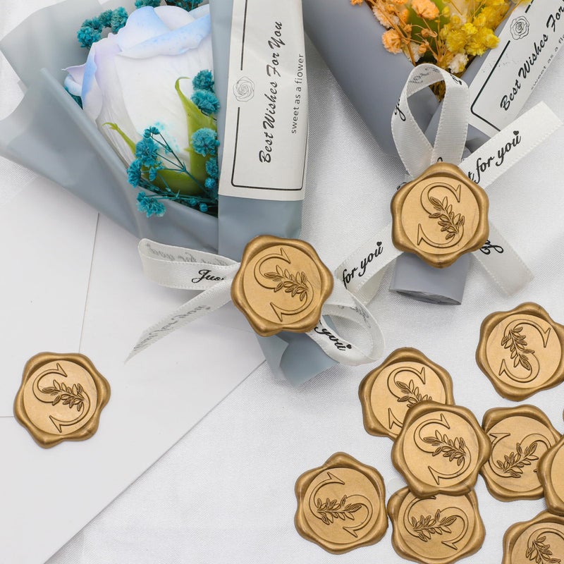 SWANGSA 100 Pack Letter S Wax Seal Stickers - Antique Gold Botanical Leaves Initial Alphabet Self-Adhesive Wax Stickers for Wedding Party Invitation Envelope Seals - Image 4
