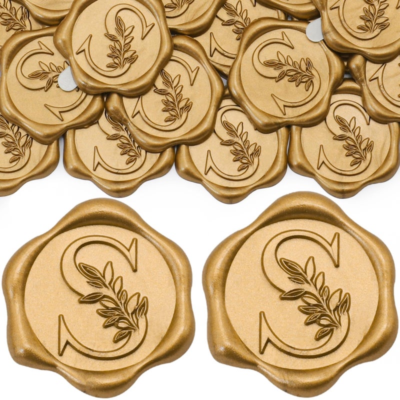 SWANGSA 100 Pack Letter S Wax Seal Stickers - Antique Gold Botanical Leaves Initial Alphabet Self-Adhesive Wax Stickers for Wedding Party Invitation Envelope Seals - Image 1