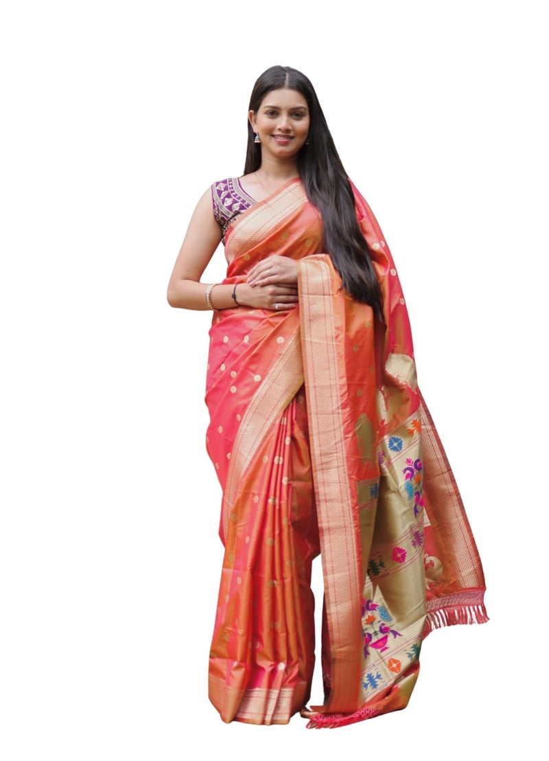 AMIRAT Women's Paithani Silk Saree with Woven Zari | Sari for Women | Kanjivaram Silk Sarees With Blouse (Orange) - Image 1