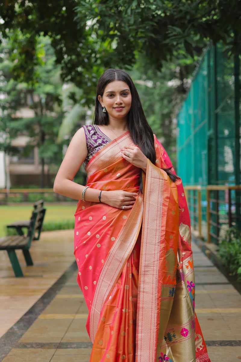 AMIRAT Women's Paithani Silk Saree with Woven Zari | Sari for Women | Kanjivaram Silk Sarees With Blouse (Orange) - Image 2
