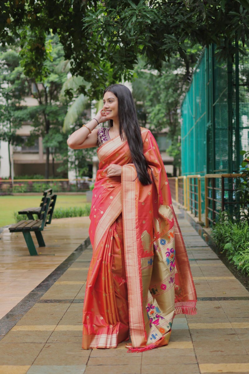 AMIRAT Women's Paithani Silk Saree with Woven Zari | Sari for Women | Kanjivaram Silk Sarees With Blouse (Orange) - Image 3