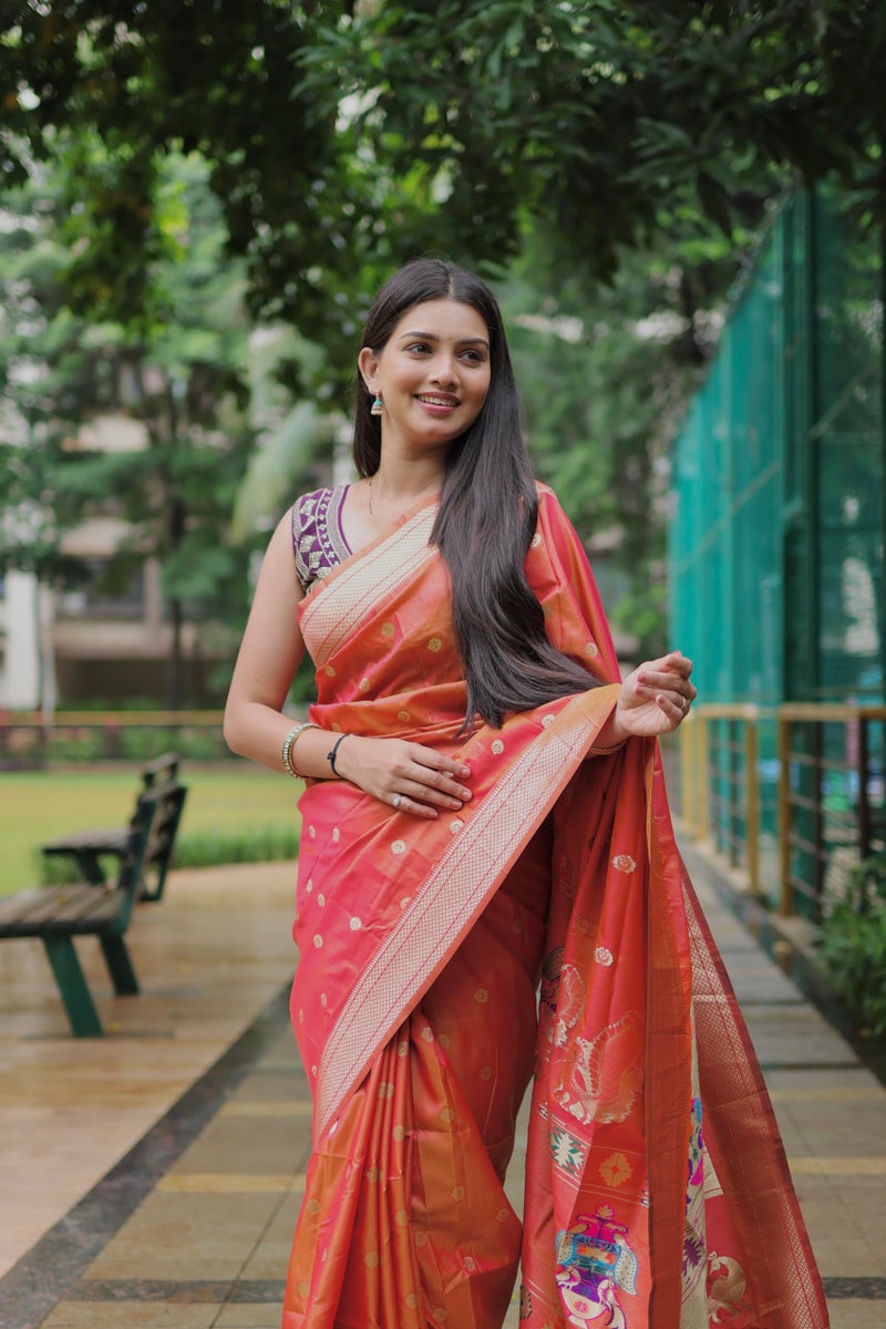 AMIRAT Women's Paithani Silk Saree with Woven Zari | Sari for Women | Kanjivaram Silk Sarees With Blouse (Orange) - Image 4
