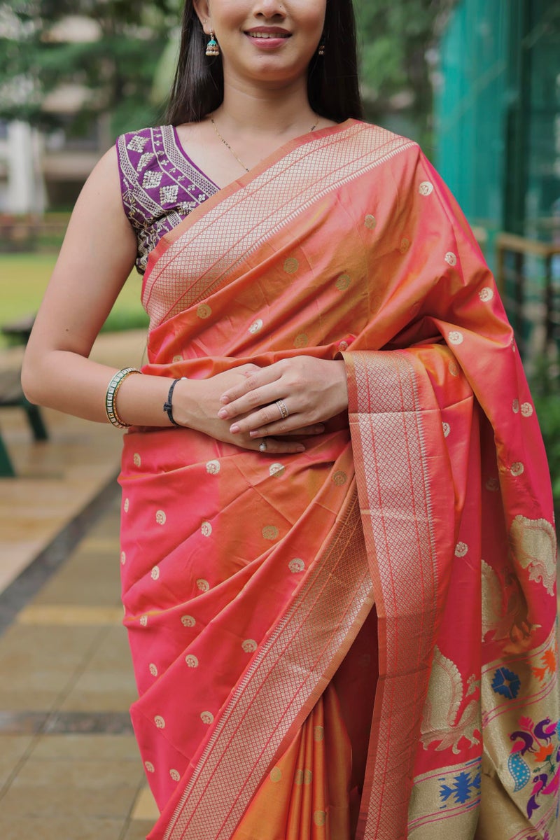 AMIRAT Women's Paithani Silk Saree with Woven Zari | Sari for Women | Kanjivaram Silk Sarees With Blouse (Orange) - Image 5