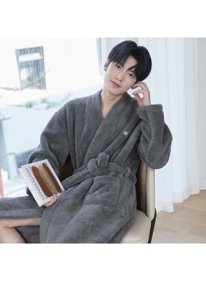 MEIBIAO American Standard Autumn Winter Couples Thickened Coral Fleece Flannel Bathrobe Larkspur Gray L - Image 2
