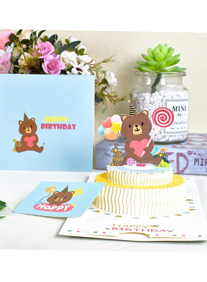 بطاقة معايدة ثلاثية الأبعاد على شكل دب كعكة عيد ميلاد منبثقة بطاقة احتفال قابلة للطي مع ملاحظة فارغة ومغلف للأطفال أعياد الميلاد التجمعات العائلية الحفلات المنزلية هدايا للبنات والأبناء والأصدقاء والكبار والأطفال - Image 2
