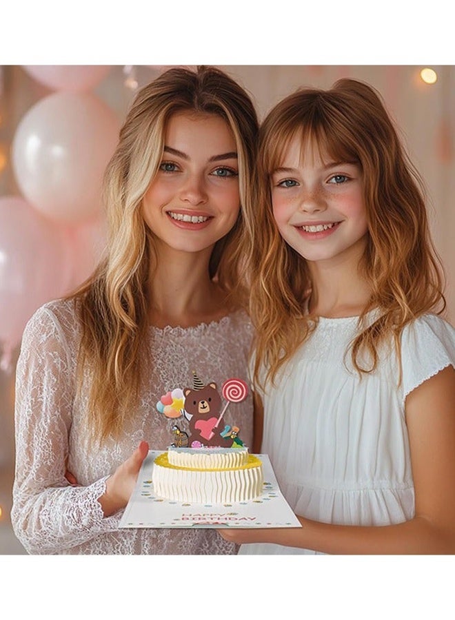 بطاقة معايدة ثلاثية الأبعاد على شكل دب كعكة عيد ميلاد منبثقة بطاقة احتفال قابلة للطي مع ملاحظة فارغة ومغلف للأطفال أعياد الميلاد التجمعات العائلية الحفلات المنزلية هدايا للبنات والأبناء والأصدقاء والكبار والأطفال - Image 5