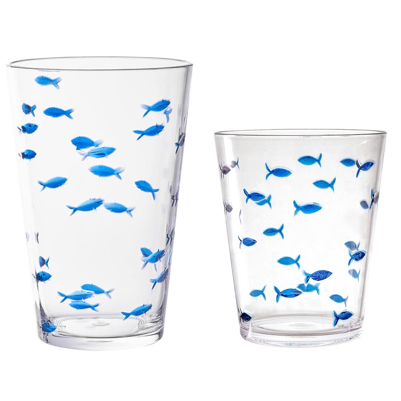 KLIFA CHARLESTON 165  19 oz Set of 8 School of Fish Acrylic Drinking Glasses BPAFree Stackable Plastic Drinkware Dishwasher Safe Cups Clear with Dark Blue Printing