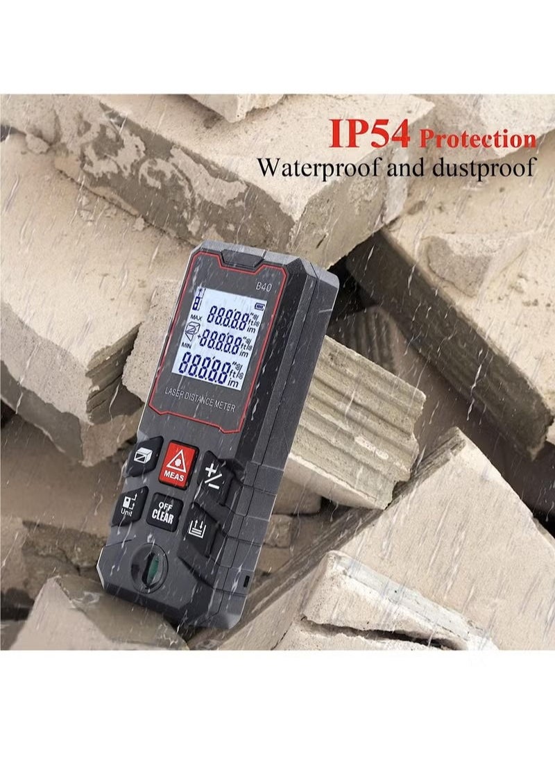 Rewell - Laser Measure 40M, Ft/in/M Unit Switch Digital Laser Tape Measure with Bubble Level Laser Measurement Tool,LCD Backlit Laser Distance Measure Pythagorean Mode Area and Volume Measuring - Image 1