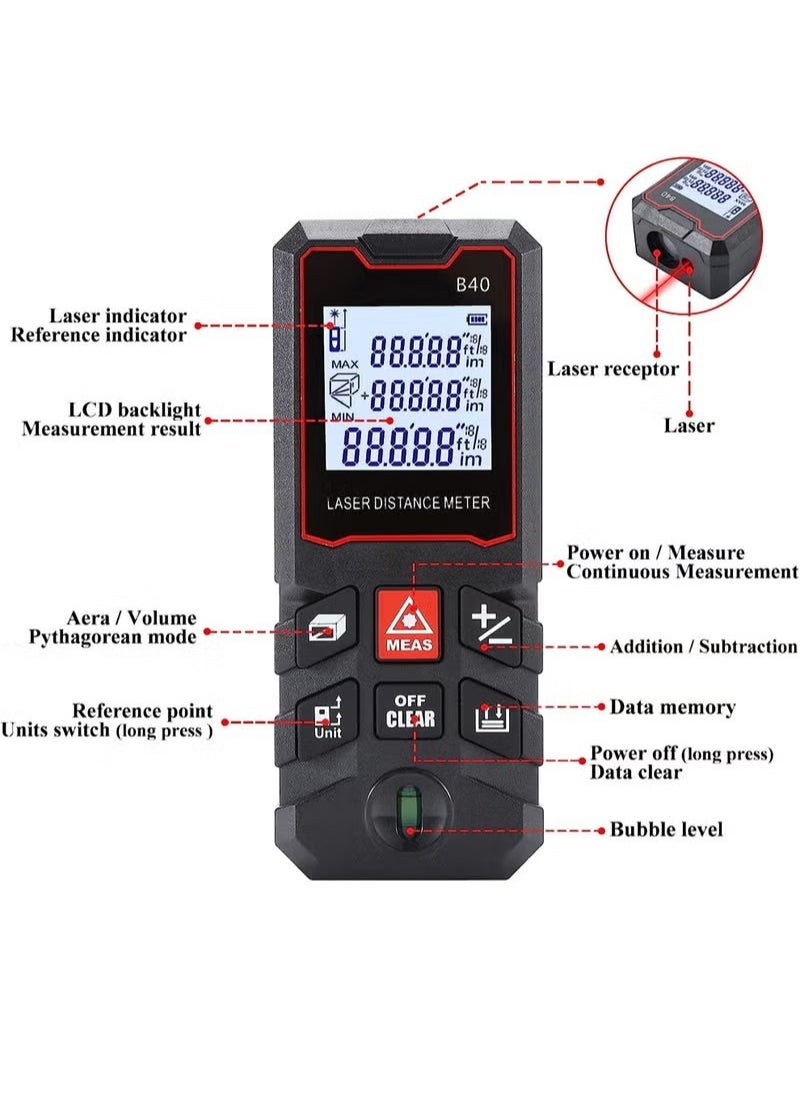 Rewell - Laser Measure 40M, Ft/in/M Unit Switch Digital Laser Tape Measure with Bubble Level Laser Measurement Tool,LCD Backlit Laser Distance Measure Pythagorean Mode Area and Volume Measuring - Image 1