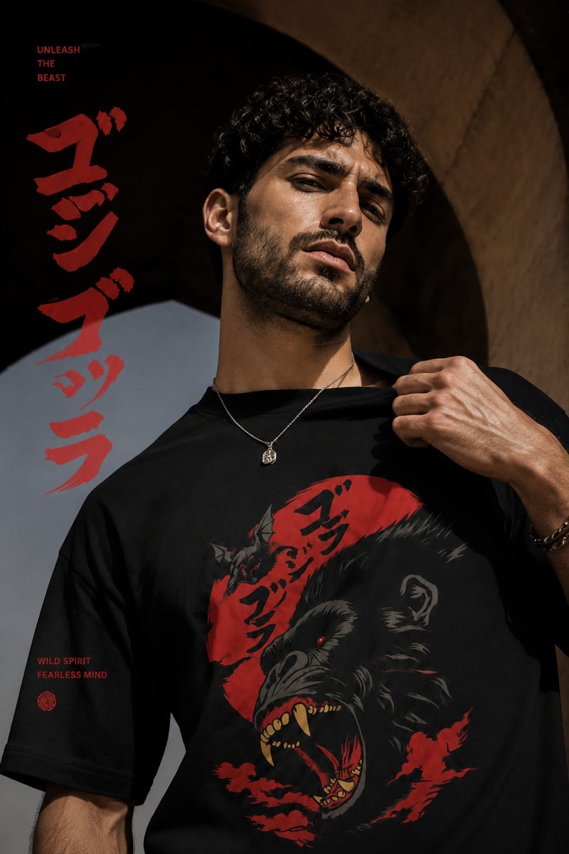 Men's Oversized Black Gorilla Graphic T-Shirt Casual Short Sleeve Crew Neck Streetwear Tee - Image 1