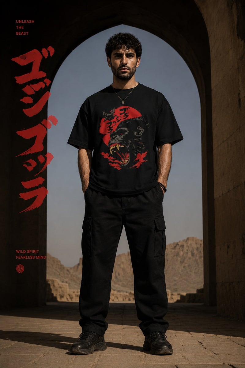 Men's Oversized Black Gorilla Graphic T-Shirt Casual Short Sleeve Crew Neck Streetwear Tee - Image 2
