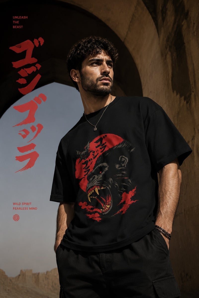 Men's Oversized Black Gorilla Graphic T-Shirt Casual Short Sleeve Crew Neck Streetwear Tee - Image 5